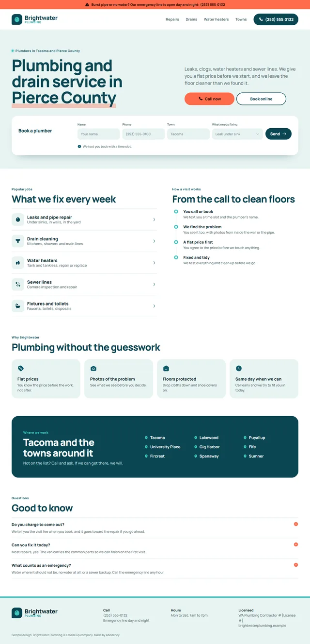 Full sample homepage for Brightwater Plumbing, a made up plumbing company