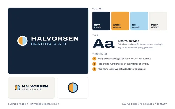 Brand kit for Halvorsen Heating and Air, a made up company: logo, colors, type and three rules