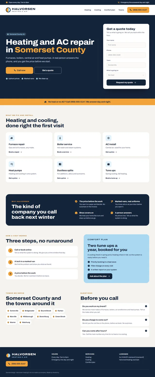 Full sample homepage for Halvorsen Heating and Air, a made up hvac company