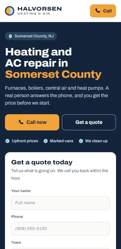 Sample phone homepage for a made up heating company: a call button and a quote button at the top