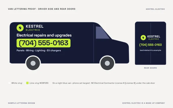 Van lettering proof for Kestrel Electric, a made up company