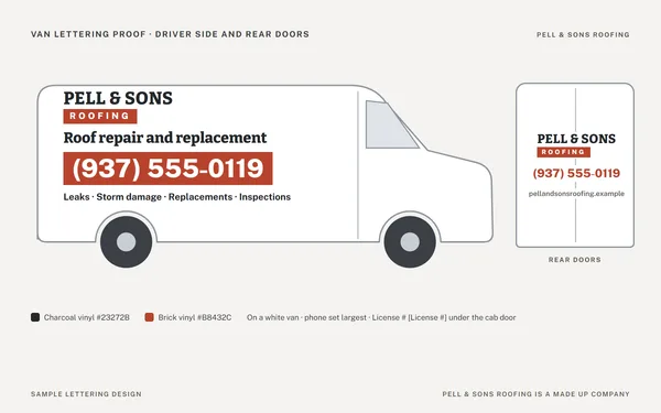 Van lettering proof for Pell and Sons Roofing, a made up company